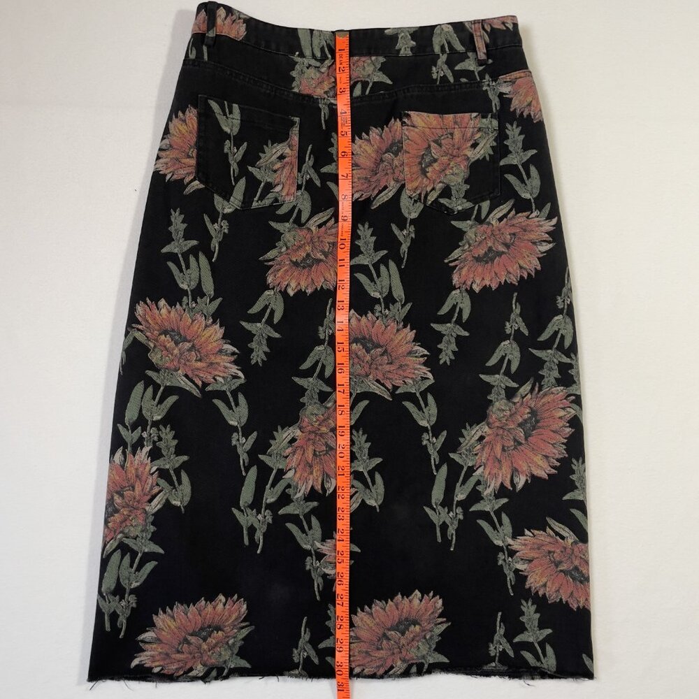 Vintage Lovey U-Dear Floral Midi Skirt Black Sunflower Print Raw Hem Slit Size L - Picture 9 of 14